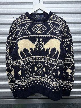 VINTAGE POLO RALPH LAUREN 1990s NAVY WHITE SWEATER HAND-KNIT MOOSE FAIR ISLE